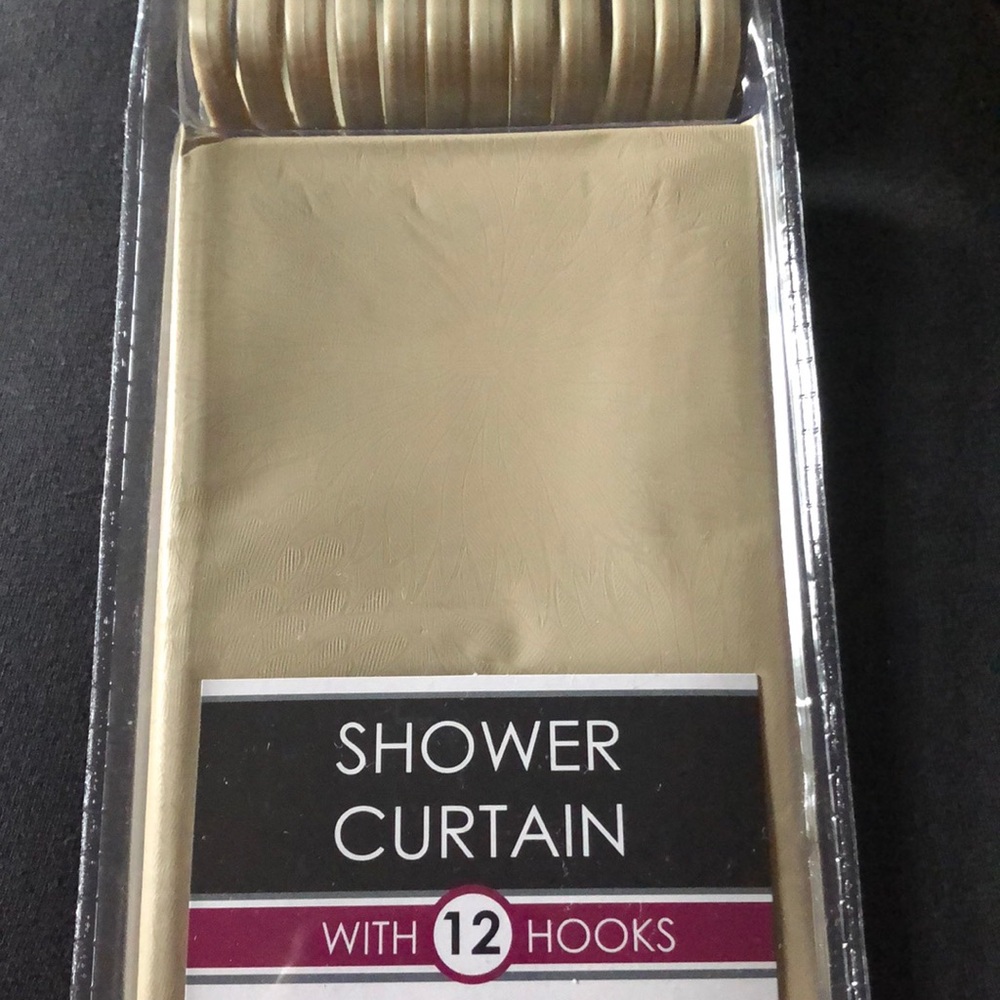 Shower curtain & 12 hooks 70” x  72” Sultan’s Linens vinyl wipe clean damp cloth